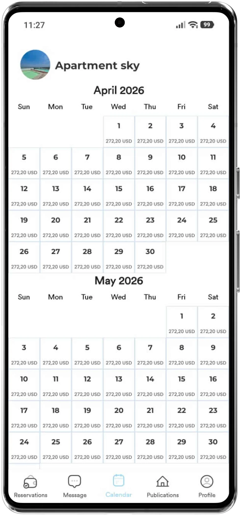 Property availability calendar in Renta Diario app