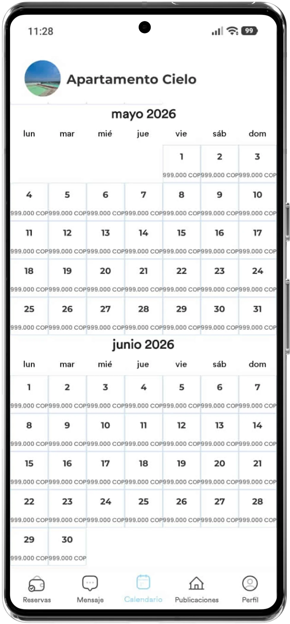 Calendario de disponibilidad de propiedades en la app Renta Diario